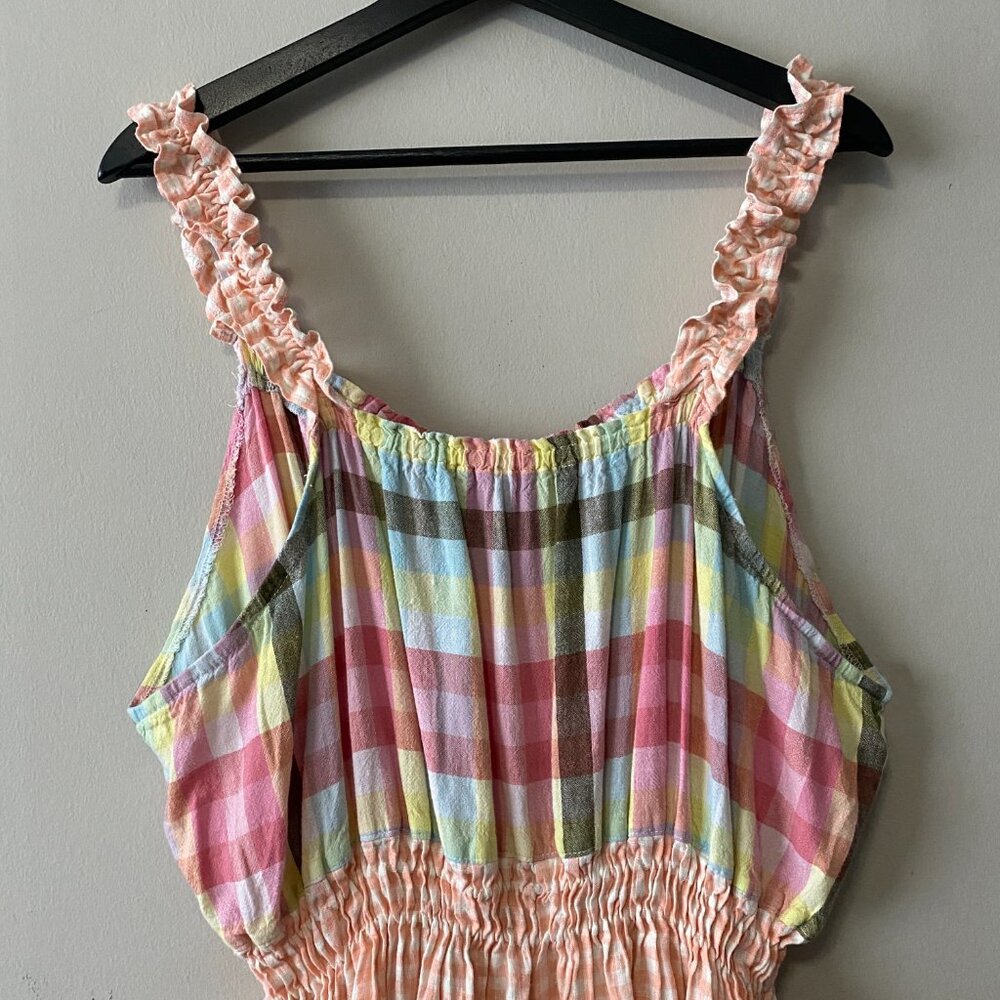Handmade Plus Size Cotton Linen Pink Peach White Elastic Straps Dress - Picture 4 of 13